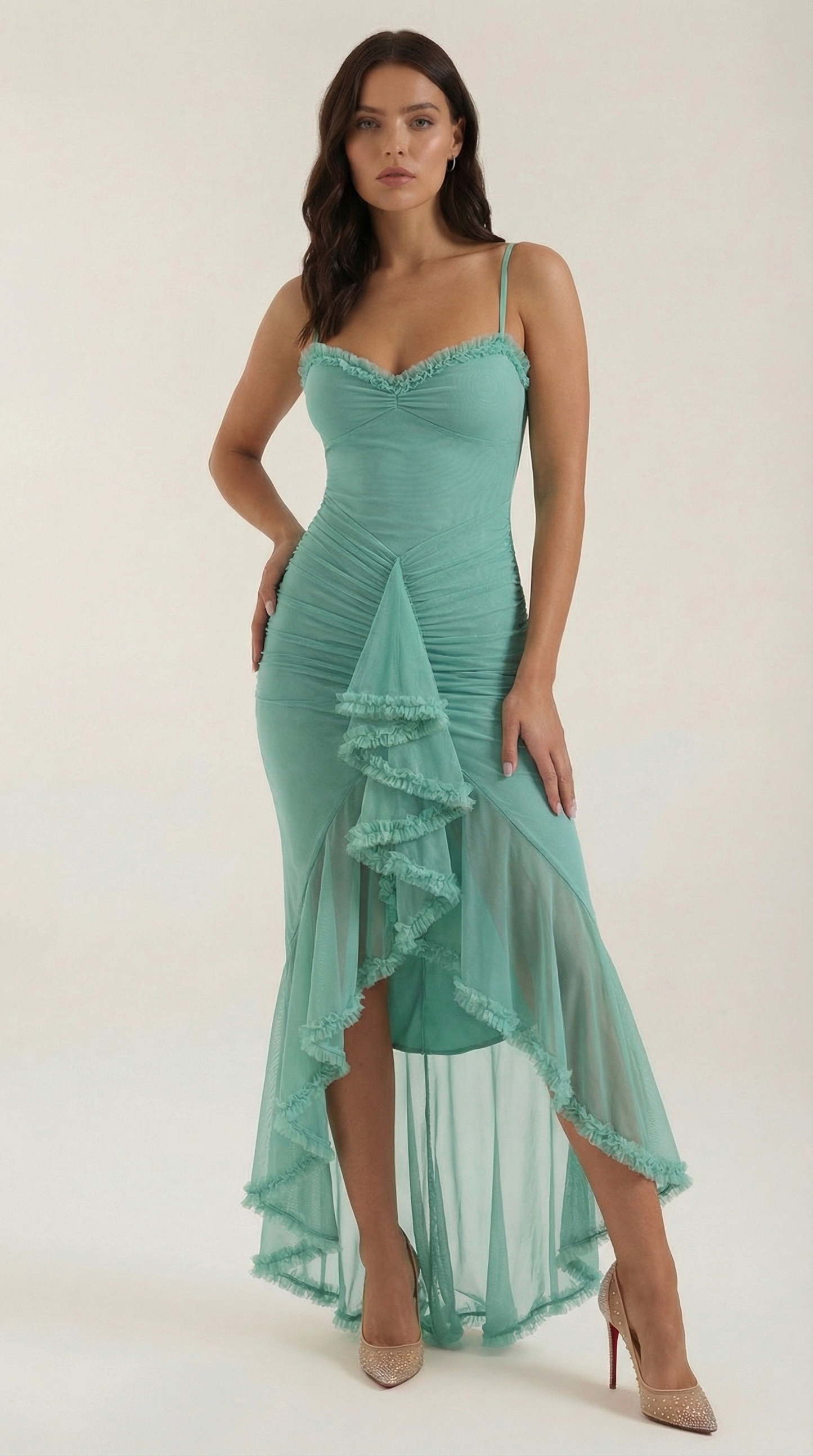 Da Donna Abito Maxi Arricciato Volant Scollo a Cuore Spalline da Sera