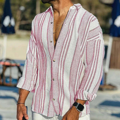 Da Uomo Camicia Leggera con Colletto Aperto e Texture Rigata
