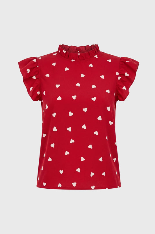 Da Donna Top Stampato Collo Alto Maniche a Balza