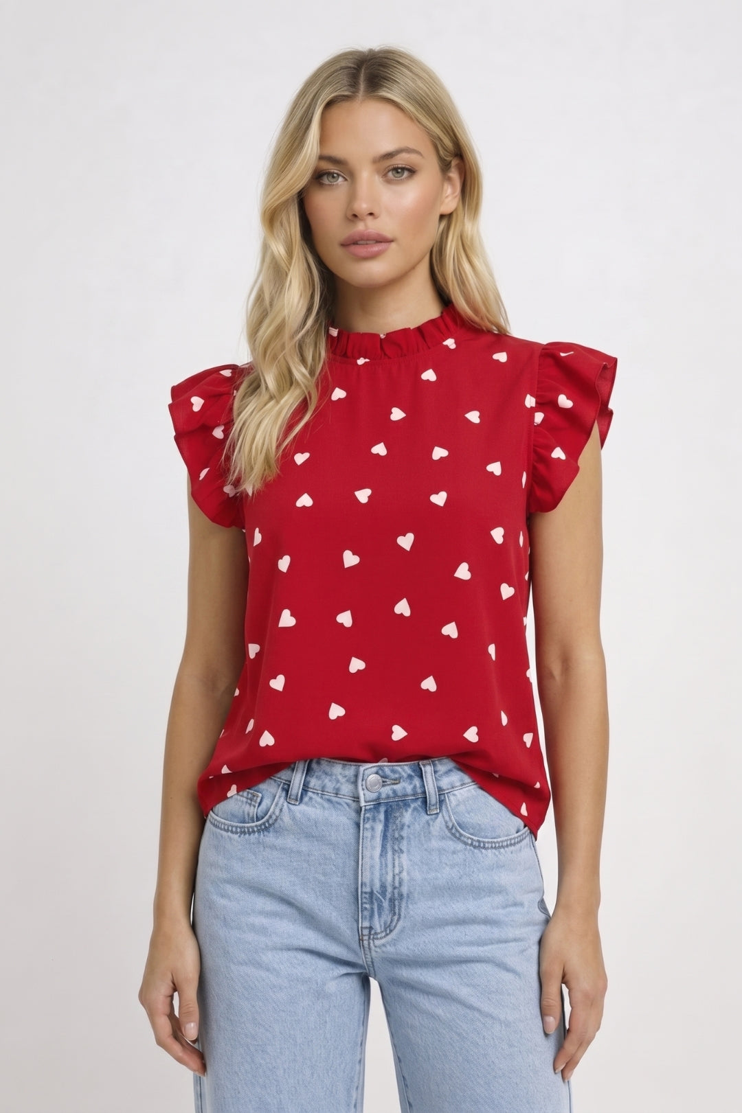 Da Donna Top Stampato Collo Alto Maniche a Balza
