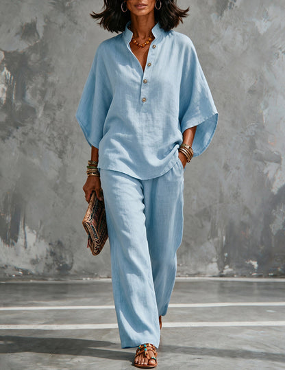 Da Donna Set in Lino con Top a Maniche a Pipistrello e Pantaloni